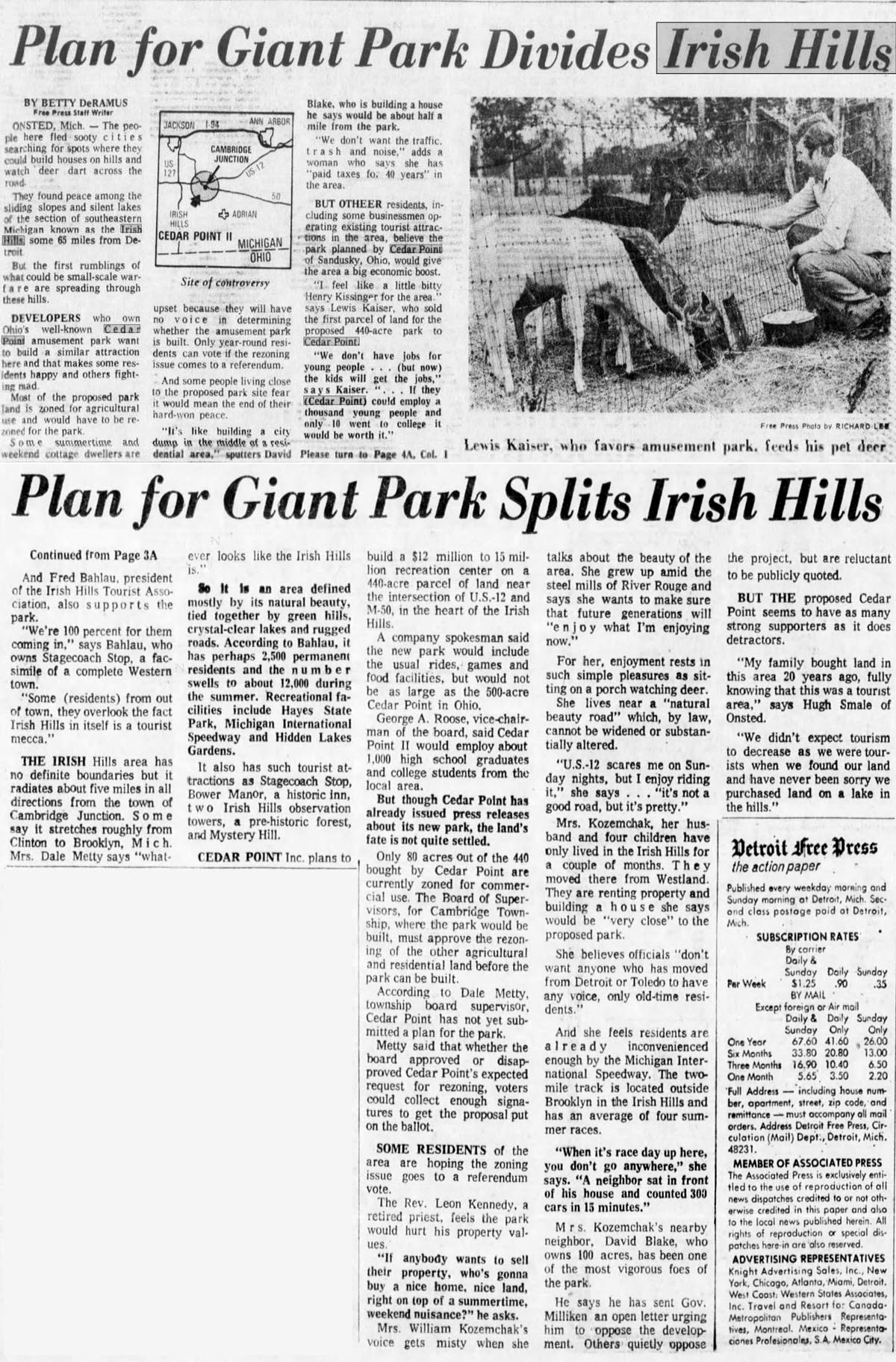 Cedar Point II, Irish Hills Amusement Park, Kingdom of Adventure, Little Michigan - Irish Hills July 1974 Article On Cedar Point Buying Land